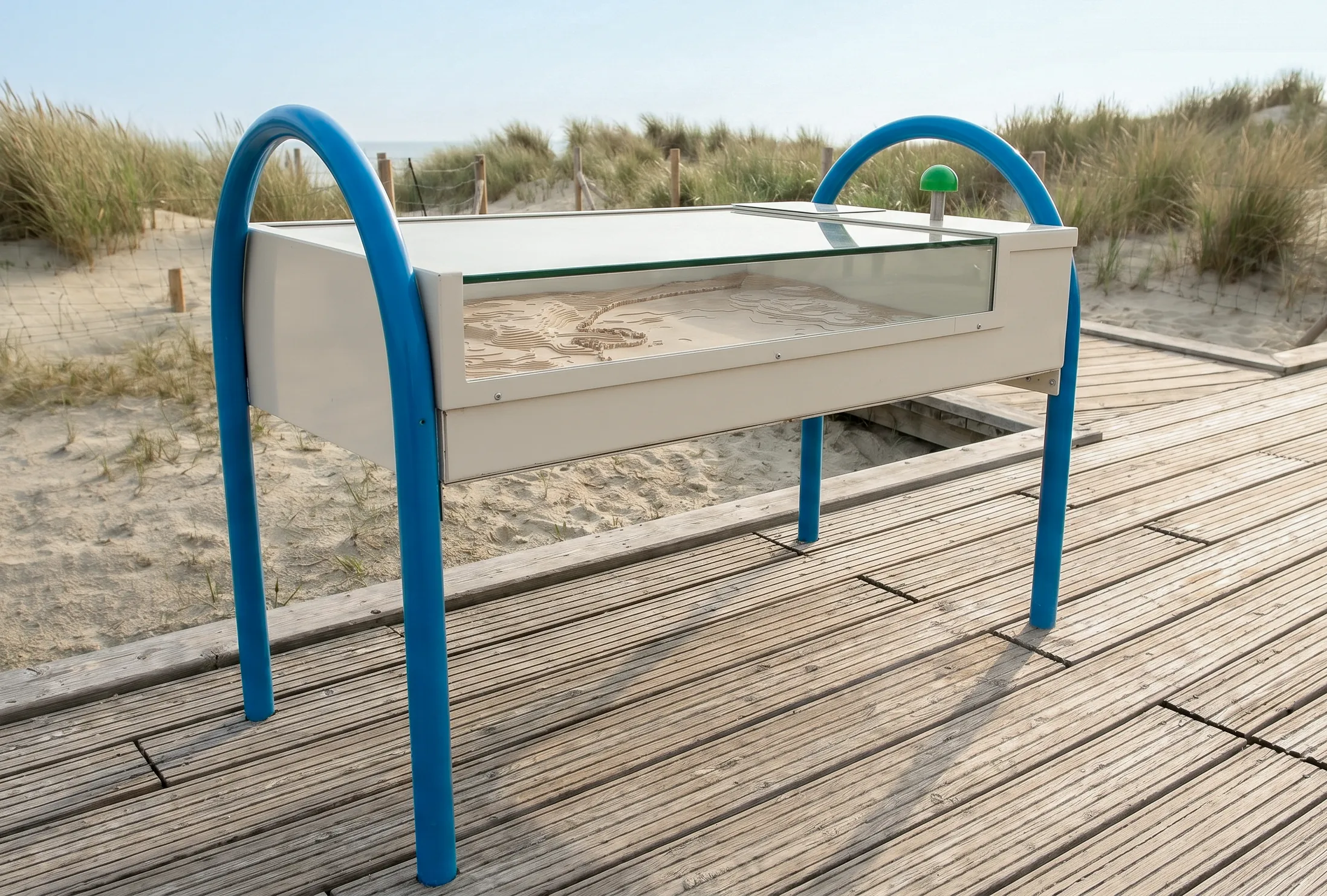 Sandtisch-Station des Wattenmeer-Erlebnispfads auf der Promenade in Norddeich